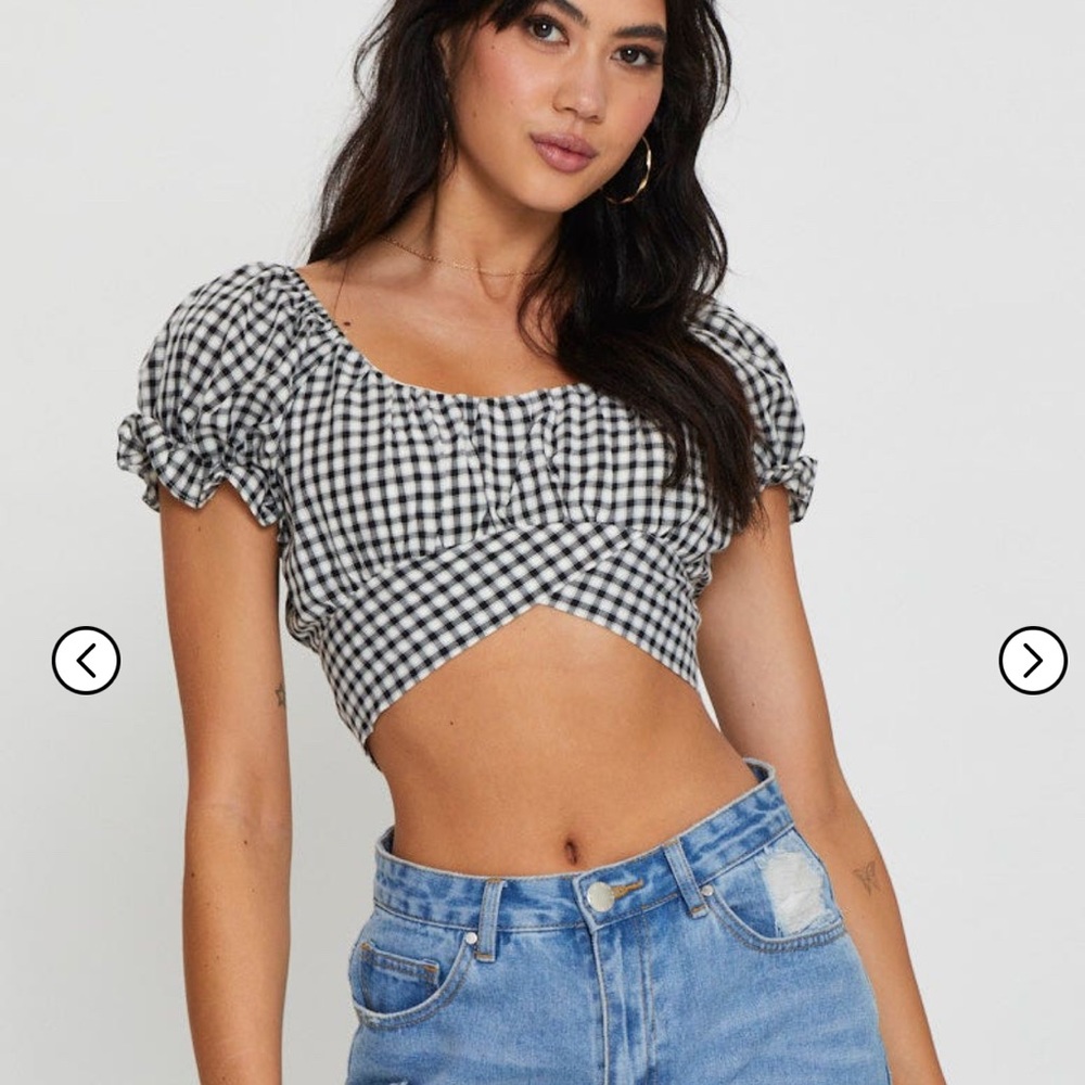 Altar'd State Cropped Wrap Tie Black and White Gingham Top